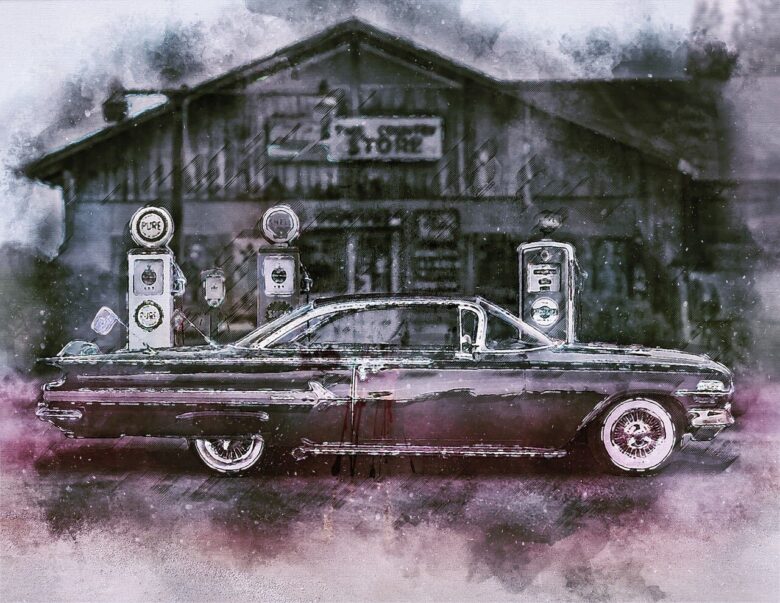 car, vintage, classic, custom, collector, chevy, chevrolet, impala, sixties, vehicle, gas station, digital manipulation, photo art, vintage, chevy, chevy, impala, impala, impala, impala, impala, gas station, gas station, photo art